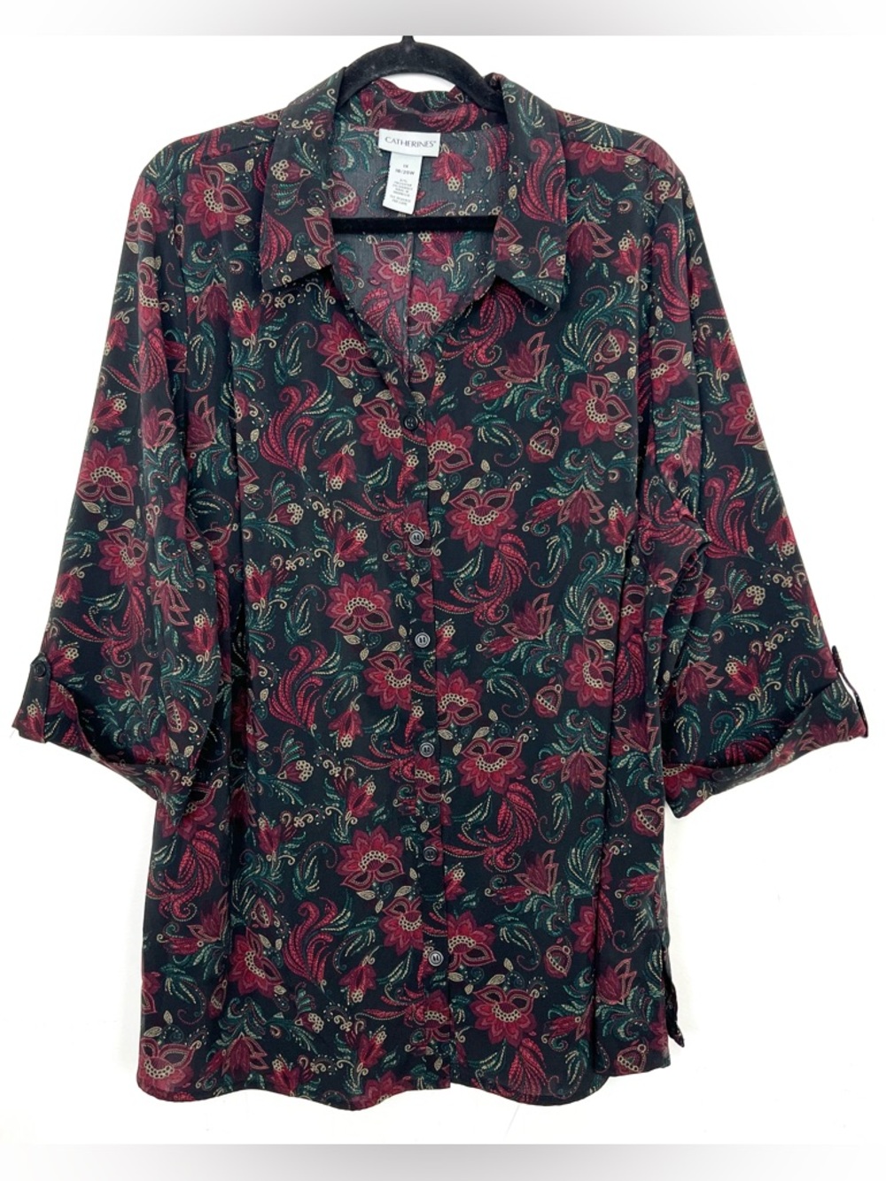 Catherine's Floral Button-Down Shirt Black Red Green Women's Size 18/20W 1X